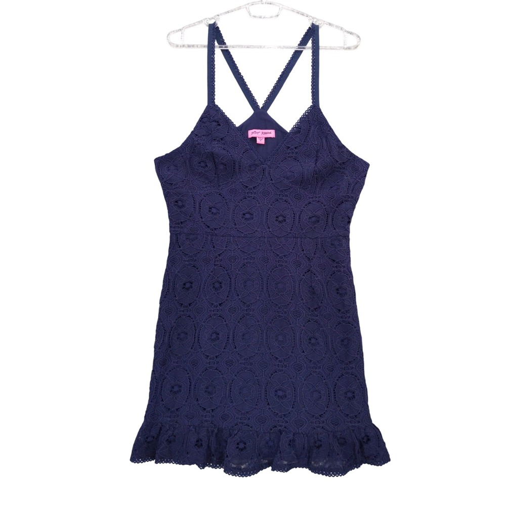 Betsey Johnson Navy‎ Blue Lace Dress Sleeveless Ruffle Hem Sz M Babydoll Empire
